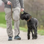 Promenade paisible avec un chien noir sur un chemin de gravier en pleine nature.