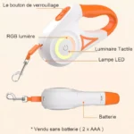 Appareil multifonction ergonomique blanc et orange avec lumière RGB et clip pratique.