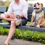 Homme détendu au parc avec son bulldog, profitant dun après-midi ensoleillé.