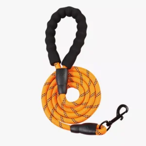 Laisse orange ergonomique avec clip métallique pour chien, idéale pour des promenades confortables.