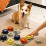 Corgi joyeux jouant avec un dispositif interactif coloré dans un intérieur moderne accueillant.