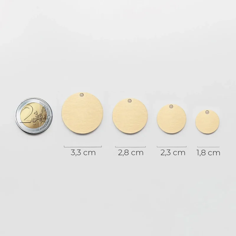 Disques métalliques dorés minimalistes, avec échelle de taille et 2 euros pour comparaison.