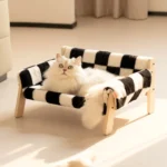 Lit pour chat confortable avec un chat blanc aux yeux verts dans un rayon de soleil.