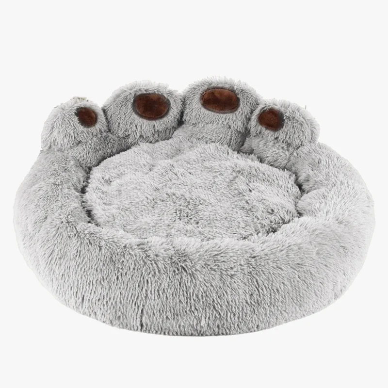 Lit pour animaux en forme de patte, gris, confortable et ludique pour chiens et chats.