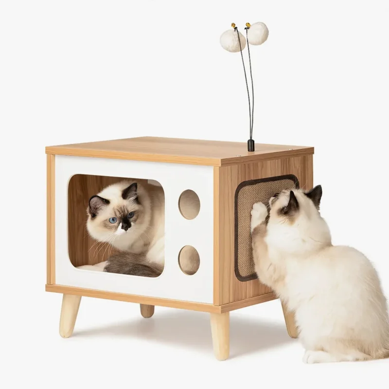 Mobilier moderne pour chats : cube en bois blanc, cachette confortable et interactive pour félins.