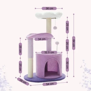 Arbre à chat violet et blanc avec plateforme, cachette et jouet suspendu.