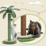 Chats joueurs sur un arbre à chat en forme de palmier, ambiance joyeuse et ludique.