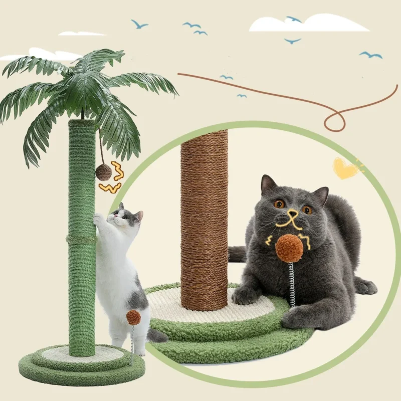 Chats joueurs sur un arbre à chat en forme de palmier, ambiance joyeuse et ludique.