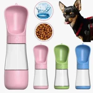 Bouteille deau portable pour chien rose, pratique pour lhydratation lors des sorties.