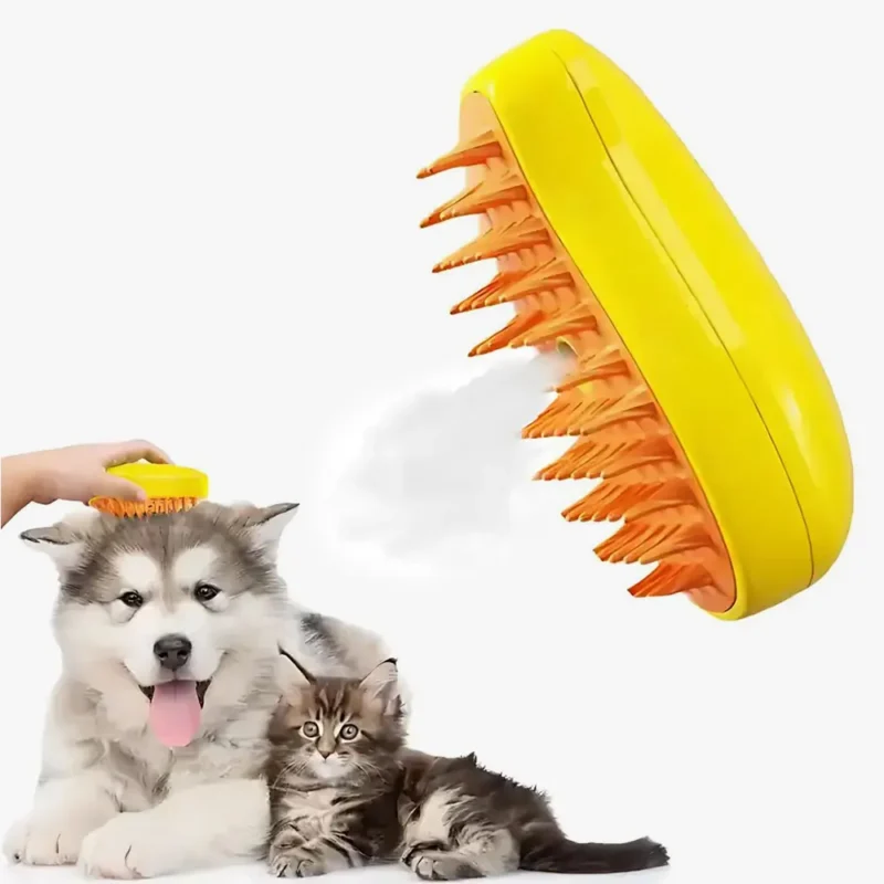 Brosse de toilettage jaune pour animaux : bonheur des chiens et curiosité des chatons.