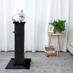 Arbre à chat confortable dans un salon minimaliste, avec un chat blanc détendu.