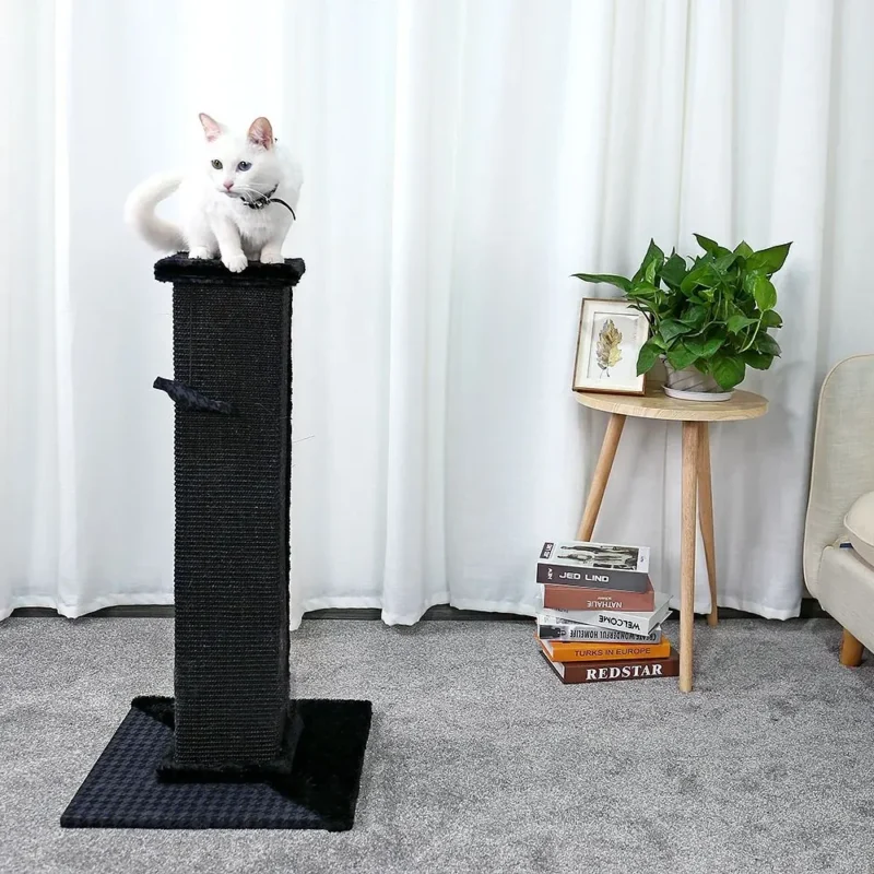 Arbre à chat confortable dans un salon minimaliste, avec un chat blanc détendu.