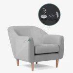 Fauteuil moderne en tissu gris avec pieds en bois, parfait pour un intérieur élégant.