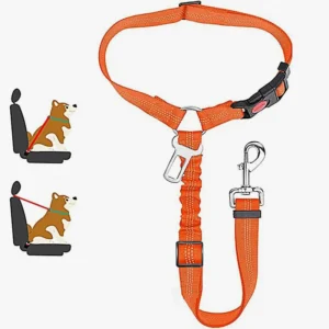 Harnais de sécurité orange pour chien, confortable et ajustable pour voyages en voiture.