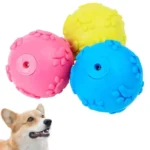 Balles colorées pour chiens avec un corgi enthousiaste prêt à jouer.