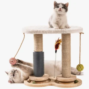 Kittens jouent joyeusement autour dun arbre à chat coloré et élégant.