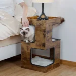 Mobilier moderne : maison pour chat et table dappoint en bois, alliant style et fonctionnalité.