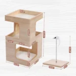 Mobilier moderne pour chats : plateforme multi-niveaux et griffoir en bois clair.