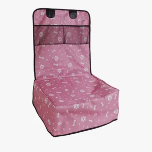 Lit pour animaux rose avec os et pattes, rembourré et rangement pratique.