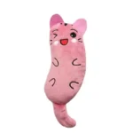 Jouet en peluche chat rose souriant avec grands yeux, idéal pour câlins et collection.