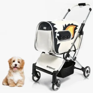 Poussette moderne pour petits chiens avec design coloré et confortable, idéale pour les promenades.