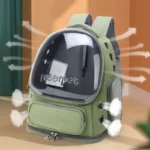 Sac à dos pour animaux vert olive avec partie translucide et confort optimal.