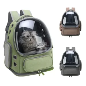 Sac à dos pour chat avec dôme transparent, design moderne et couleurs variées.