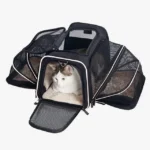 Sac de transport moderne pour chat, noir, avec ventilation et design confortable.