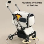 Poussette moderne blanche et orange avec roues flexibles et design ergonomique.