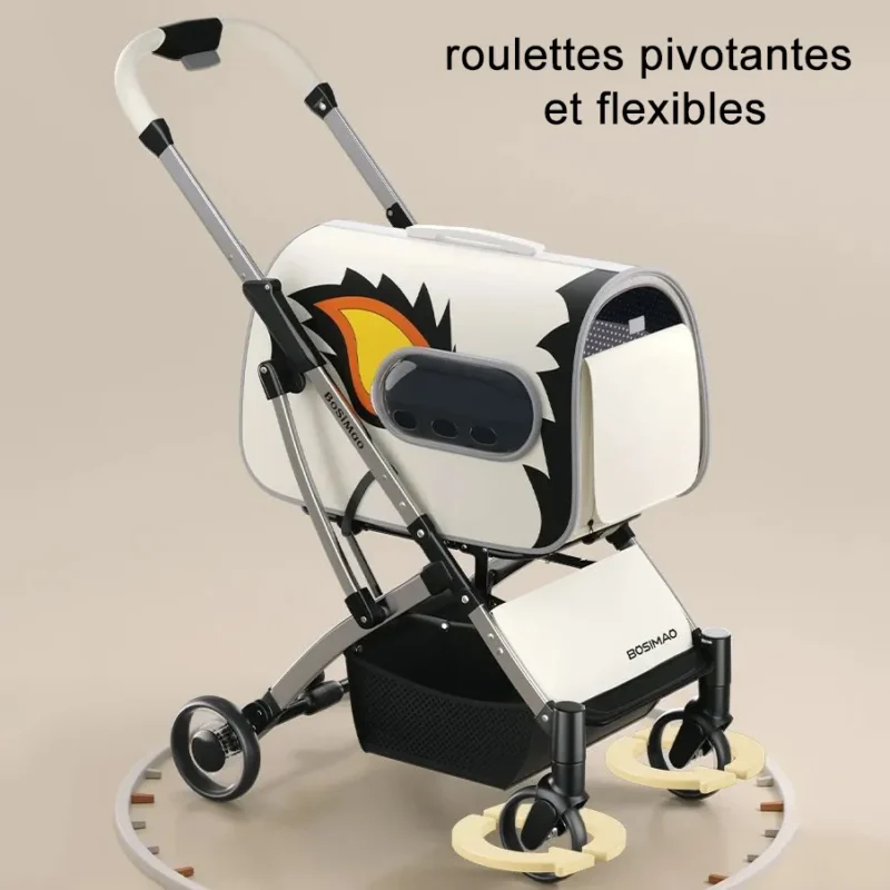 Poussette moderne blanche et orange avec roues flexibles et design ergonomique.