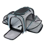 Transport danimaux gris et turquoise, compact et extensible pour un confort optimal.