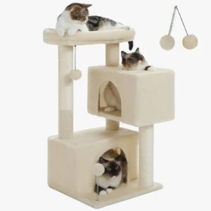 Arbre à chat beige, espace de jeu et de repos confortable pour félins.