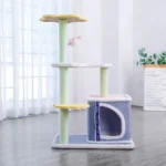 Arbre à chat moderne avec plateformes jaunes, confort et espace de jeu pour félins.