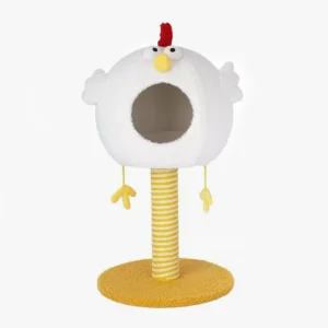 Arbre à chat poule en peluche, blanc et jaune, design amusant pour chats.