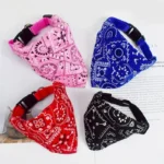 Bandanas colorés pour animaux : rose, bleu, rouge, noir avec motifs paisley élégants.