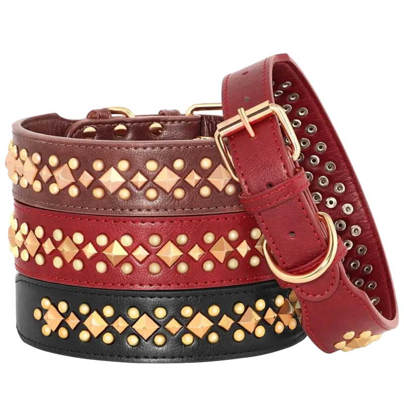 Collection de ceintures en cuir rouge et noir avec studs élégants pour un style audacieux.