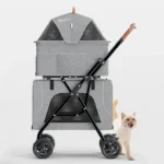 Chariot moderne pour animaux avec un chien enthousiaste, idéal pour sorties confortables et stylées.