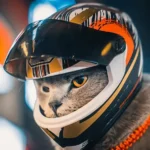 Un chat élégant avec un casque de course sur fond vibrant et dynamique.