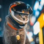 Chat aventurier avec casque coloré et collier orange dans un décor urbain dynamique.