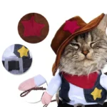 Chat mignon en costume de cowboy coloré, ajoutant une touche humoristique au Far West.