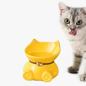 Chat curieux avec un bol jaune au design mignon et des yeux verts brillants.