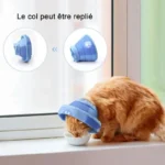 Chat orange mange dans un bol sur un rebord de fenêtre avec un accessoire bleu.