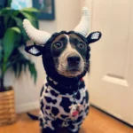 Chien curieux en costume amusant de vache noir et blanc, parfait pour des moments adorables.