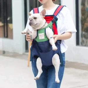 Un bulldog français détendu dans un porte-chien coloré, parfait pour les promenades urbaines.