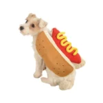 Chien mignon en costume de hot dog, curieux et adorable, prêt à faire sourire!