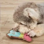 Un chien mignon joue joyeusement avec un jouet en peluche coloré en forme dos.