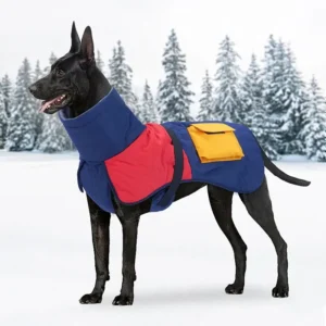 Chien noir en manteau coloré dans un paysage enneigé, prêt pour laventure.