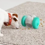 Un petit chien joue avec un jouet distributeur de friandises sur un tapis doux.