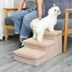 Chien blanc mignon sur escaliers pour animaux, créant une ambiance chaleureuse à la maison.