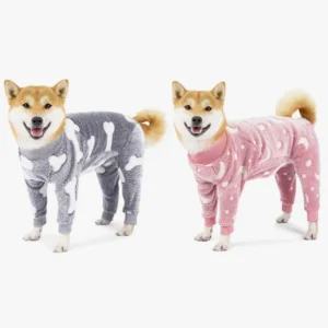 Deux Shiba Inu en pyjamas assortis, joyeux et adorables, prêts pour une soirée confortable.